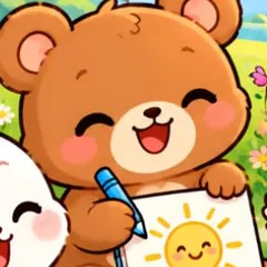 Bear, a brown bear holding a drawing of the sun