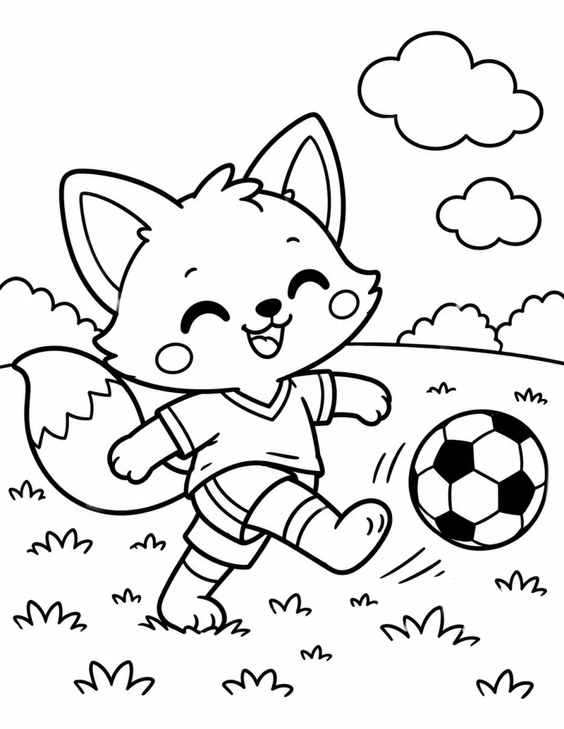 Coloring page: Fox kicking a soccer ball on a grassy field